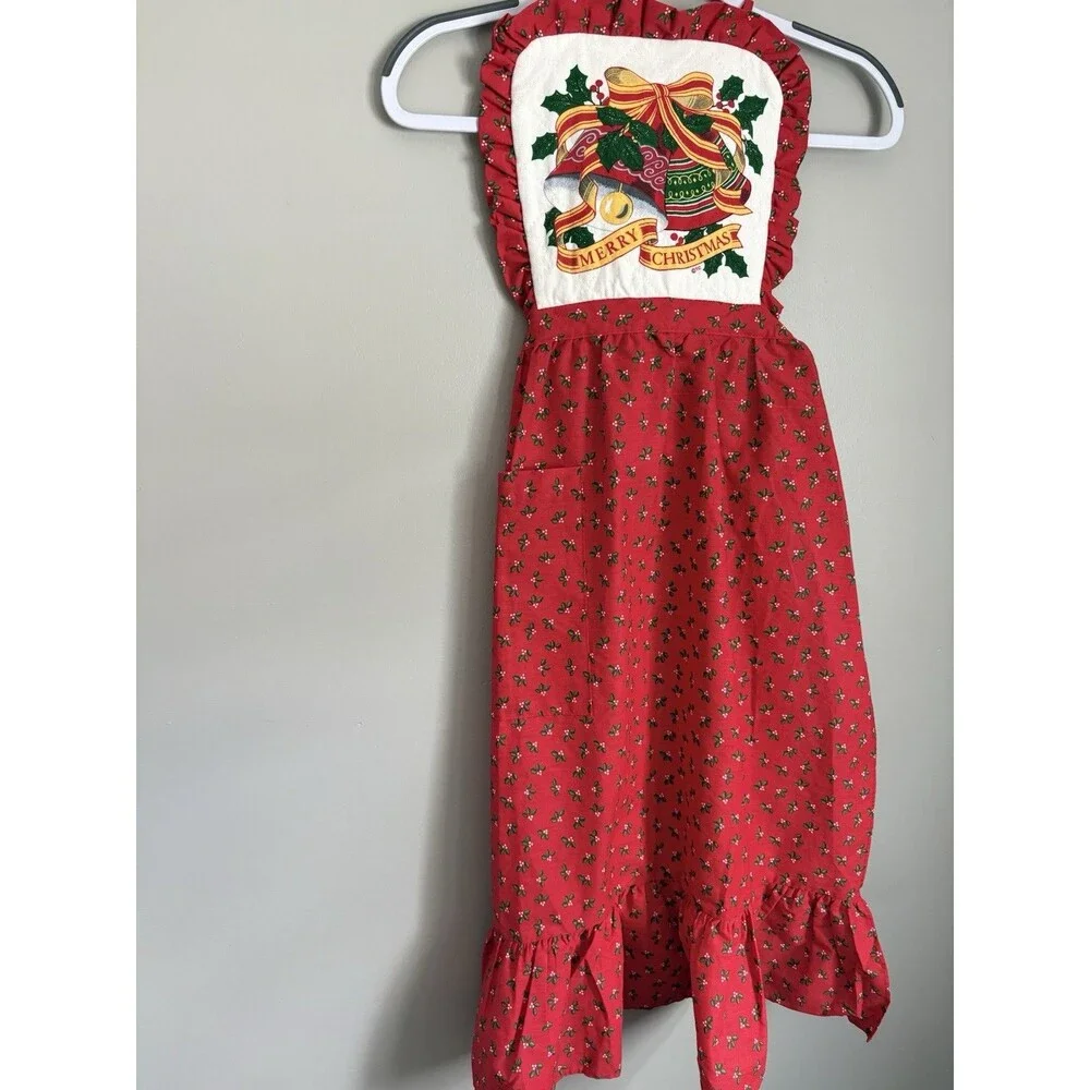 Christmas Apron 80s/90’s Quilted Red Bib Holly Retro Ruffle Holiday Baking VTG